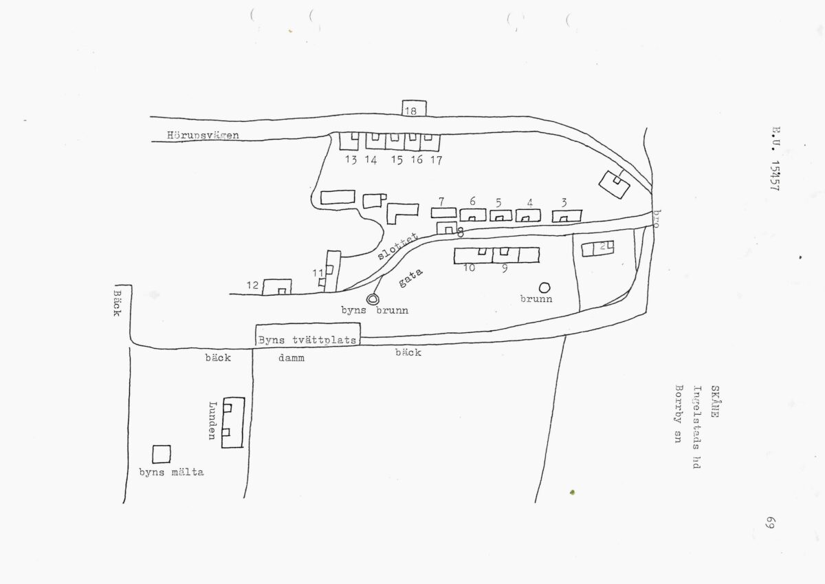 En karta, som visa Borrby allmänning. Nr 18 (idag Hörupsvägen 32) användes tidvis innan folkskolan byggdes 1881.